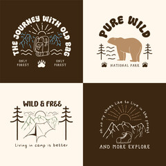 Set of Vintage Outdoor Adventure Badges with Hiking, Camping, Bear, and Mountain Illustrations
