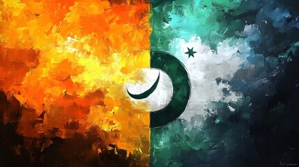 Digital illustration of the Pakistani flag with textured, abstract brushstrokes in orange and teal.