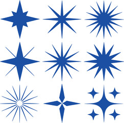 Collection of Diverse Blue Starburst and Star Shapes Arrayed Neatly on a White Background Artistic Presentation of Geometric Forms