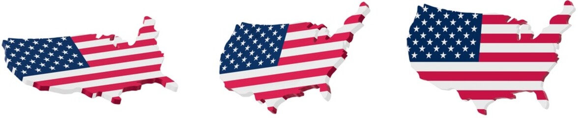 Set of 3D American flag map on transparent background