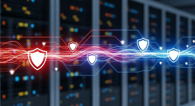 Data center with shield icons, server racks. Security, data protection concept.