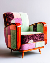 Stylish art deco chair with dadaist colorful inlays in soft green and lavender tones, surreal and elegant