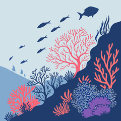 Underwater coral reef vector scene with fish silhouettes

