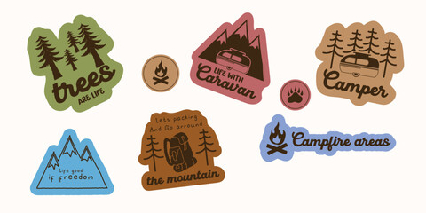 Colorful Wild Adventure Badge and Camping Sticker Set, Caravan, Campfire, Mountain, and Nature Designs