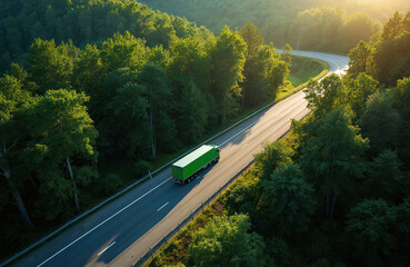 Aerial view of green truck driving on highway through lush forest. Sunlight streams through trees, casting long shadows on the road. Focus on eco-friendly logistics and nature transportation.