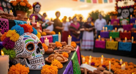 Colorful decorated sugar skull on a Dia de los Muertos altar. Ofrenda with marigolds, pan de muerto, and candles for a traditional Mexican holiday celebration at sunset.