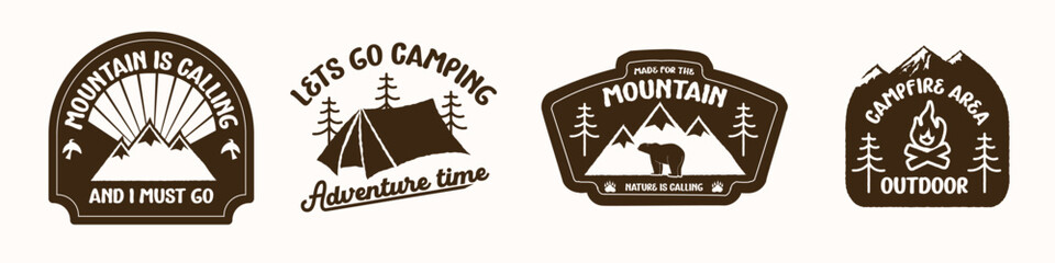 summer camp and discover travel badge or camping patch and sticker design. Hiking and climbing emblem set. mountains and camping tent in a pine forest. vector illustration