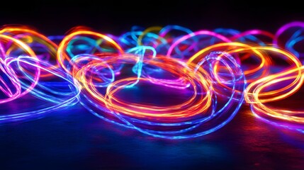 Photograph of light painting, vibrant swirls of pink, blue, and orange create a dynamic abstract composition against...