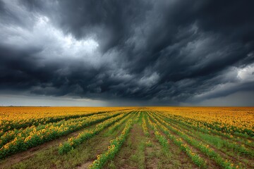 Vast sunflower field under ominous storm clouds