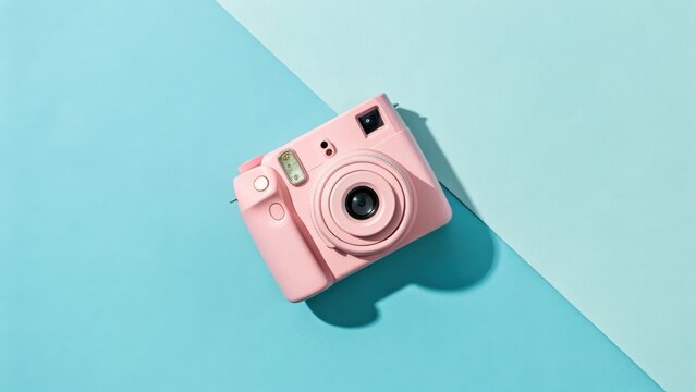 A pink instant camera casting a shadow on a blue background