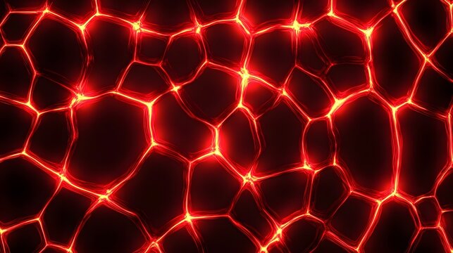 Digital illustration of a dense, glowing red network of interconnected hexagons against a black background.