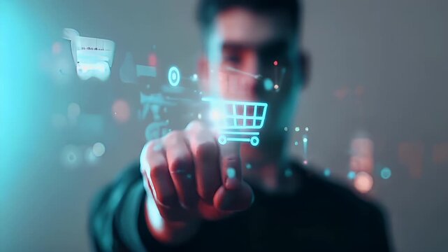 A man in a suit is pressing a virtual button with a shopping cart icon on it. The image is a blend of cool and warm colors.