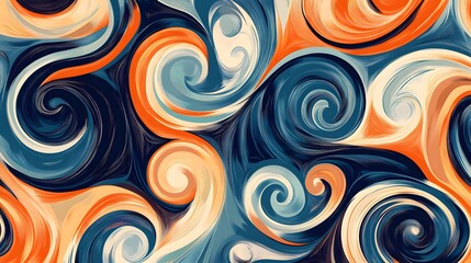 Digital illustration of swirling, abstract forms in blue, orange, and cream colors.