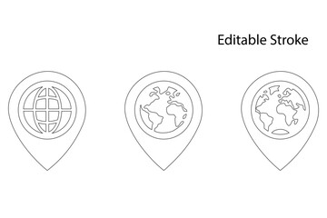 Global location icon. Editable stroke World map with GPS pins. World globe map pin thin line icon. Geo location logo symbol set