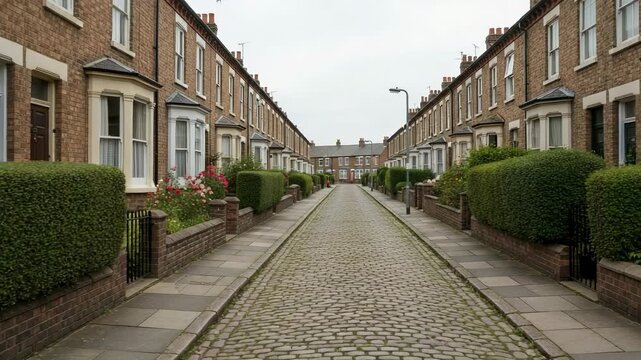 Traditional English terraced street with a cobblestone road. Symmetrical view of residential brick houses in a classic British neighborhood on an overcast day.