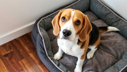 Playful beagle dog in cozy bed indoor home setting pet photography comfortable environment close-up perspective