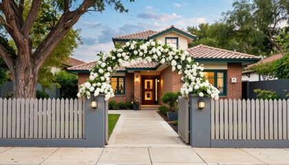 Charming family home with floral archway suburban neighborhood real estate photography daylight front view curb appeal