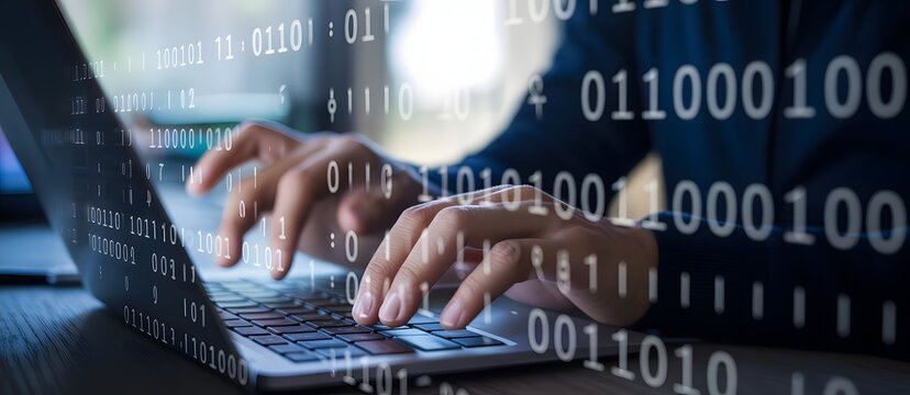 Digital Interface: Person typing on a laptop with binary code overlays, representing cybersecurity, coding, and digital interaction.