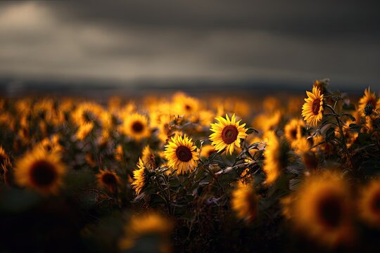 Golden sunflowers in a field at sunset - Powered by Adobe