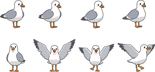 Cartoon seagull bird animation set, cute seagull character sprites, flying and standing poses, vector illustration for game design, kids projects, and animation.