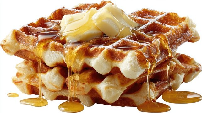 Stack of waffles with butter and syrup drizzled, captured on white background
