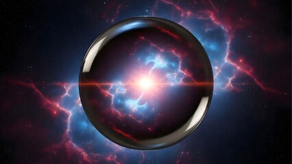 Fototapeta premium A surreal and beautiful abstract of a colorful red and blue nebula and stars from deep space captured inside a transparent crystal ball or sphere.