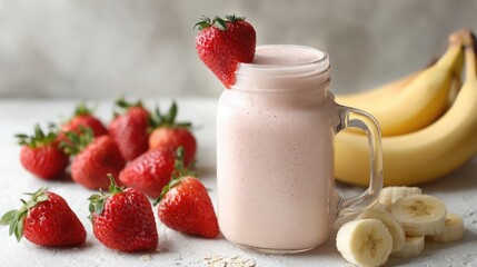 Strawberry banana smoothie with visible layers in a mason jar placed on white surface
