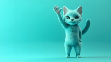 Obraz premium 3D render of a cute, teal cat waving with a white paw on a solid blue background.