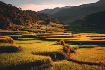 Golden rice terraces nestled in a valley at sunset