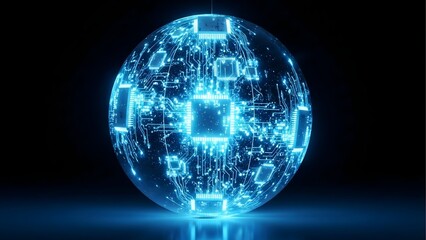 A detailed 3D render of a futuristic AI core or a global data hub, visualized as a glass sphere with a glowing blue CPU and illuminated circuits.