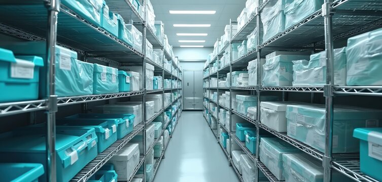 Clean, organized medical storage room with shelves meticulously stocked with blue, white boxes, packages. Supplies neatly arranged in clear plastic wrapping on durable wire shelving units. Facility