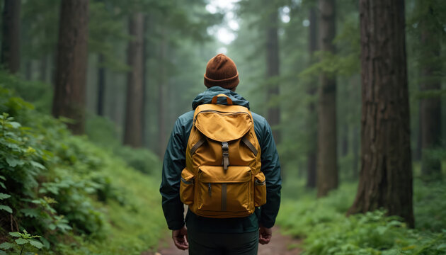 Hiker with yellow backpack walks forest path surrounded by green trees and plants. Man enjoys peaceful wilderness trek, fresh air, and natural beauty on outdoor adventure. - Powered by Adobe