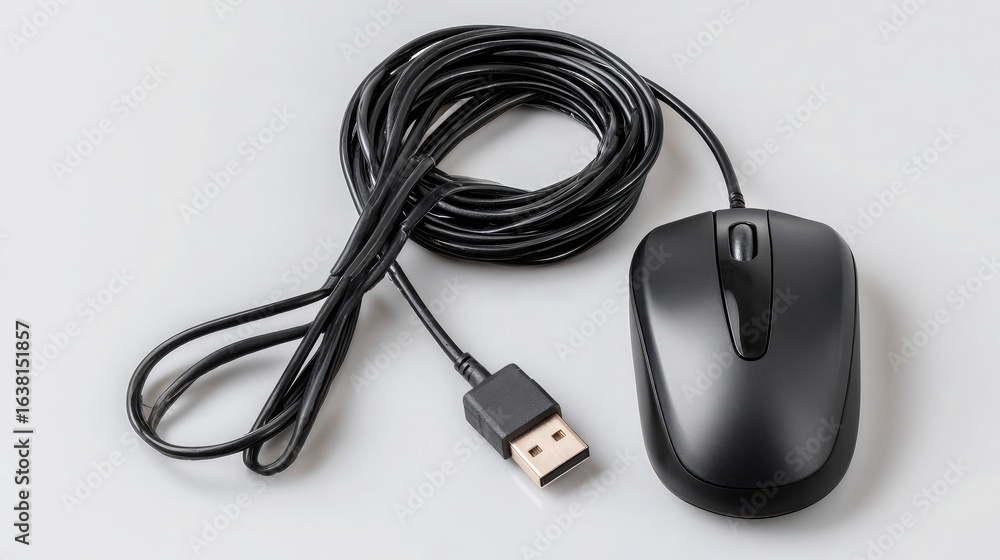 Poster black computer mouse connected with usb cable, coiled neatly on light background