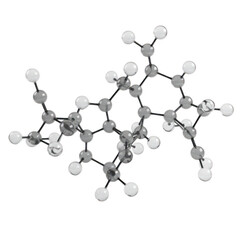 Molecular structure model with gray and white spheres connected by rods isolated on transparent background