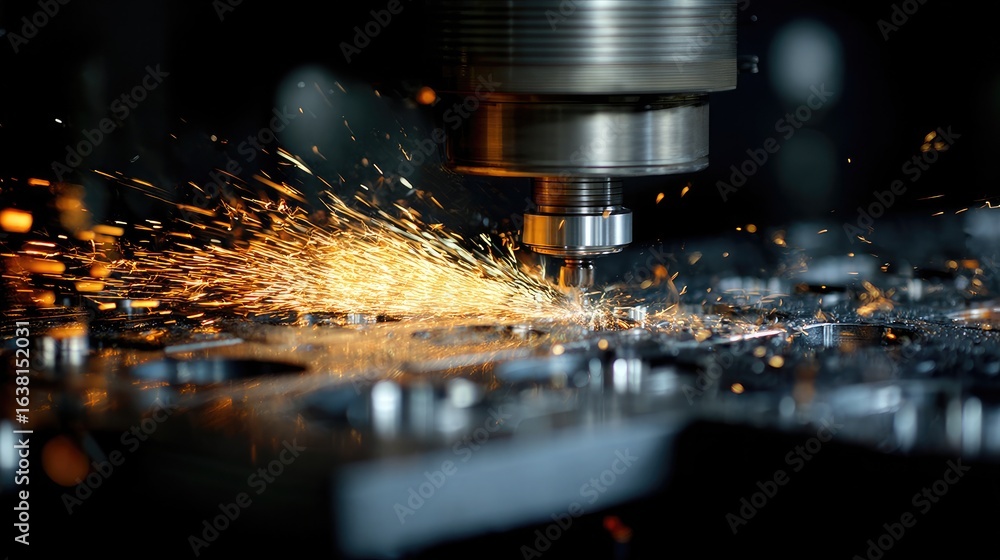 Poster close-up of cnc machine in action cutting precision parts with sparks flying