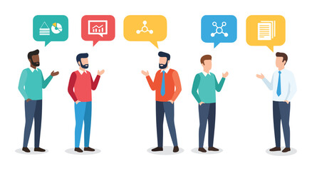Business People Talking Vector Illustration. A modern flat design of a corporate team discussing ideas with chart icons. Communication, teamwork, and collaboration graphic for a presentation.