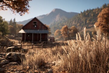 Rustic wooden cabin in autumnal valley