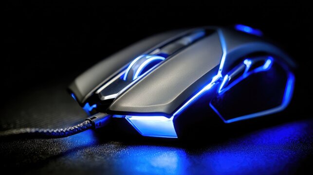 Close-up of ergonomic gaming mouse with LED lights glowing on a dark background - Powered by Adobe