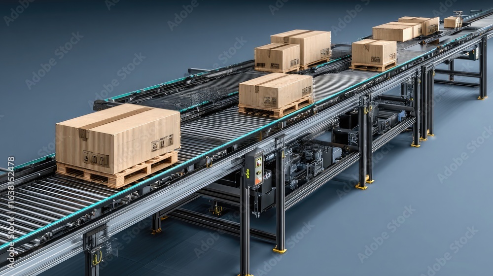 Aufkleber conveyor belt system transporting products through a fully automated factory line