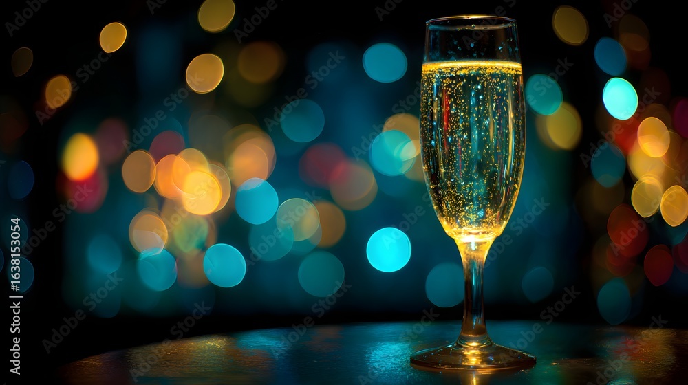 Poster Champagne flute in a dimly lit setting with colorful bokeh.