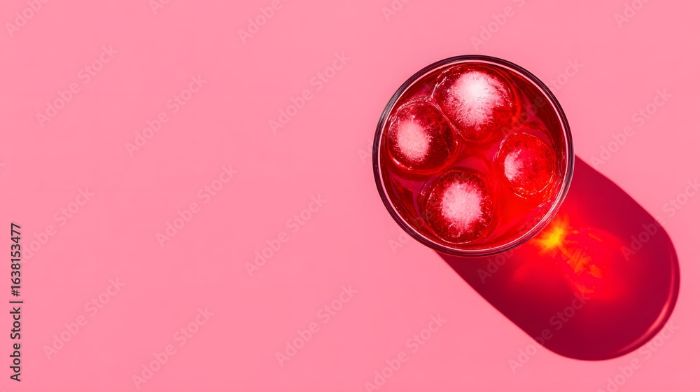 Poster overhead view of a glass of ruby red beverage with ice cubes.