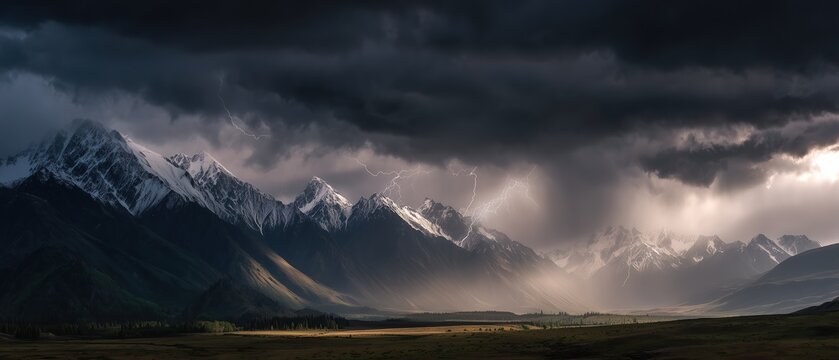 Snow-Capped Mountain Under Thunderstorm with Lightning Illuminating Yellow Grasslands for Corporate Burnout Resilience Training