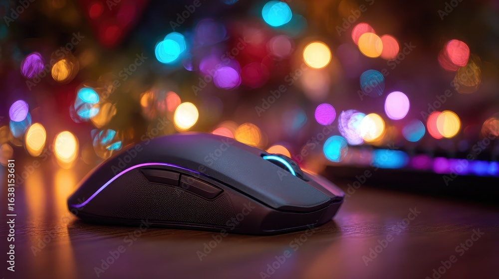 Poster mouse and keyboard neatly placed on a desk with colorful ambient lighting from behind