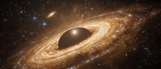 Supermassive black hole in the center of a galaxy surrounded by swirling accretion disk and gravitational lensing bending the light from distant stars