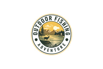 Vintage Outdoor Fishing Adventure Logo with Mountain Landscape, River, and Fisherman Silhouette