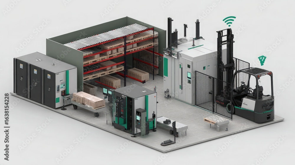 Aufkleber smart warehouse integration with robotic forklifts and automated sorting system