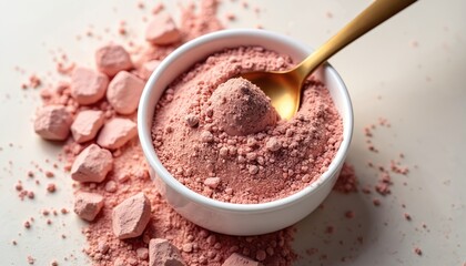 Pink clay powder in white bowl with gold spoon. Natural cosmetic ingredient for skincare face masks. Organic beauty treatment, anti-aging, detoxifying properties. Rose clay for healthy glowing skin.