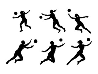 A collection of black silhouettes of women playing volleyball, showcasing various action poses such as jumping, running, and reaching for the ball.