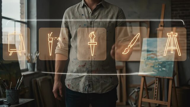 Augmented Reality transforms the artist's studio: a creative man interacts with holographic virtual tools on an interface for digital art and future painting.