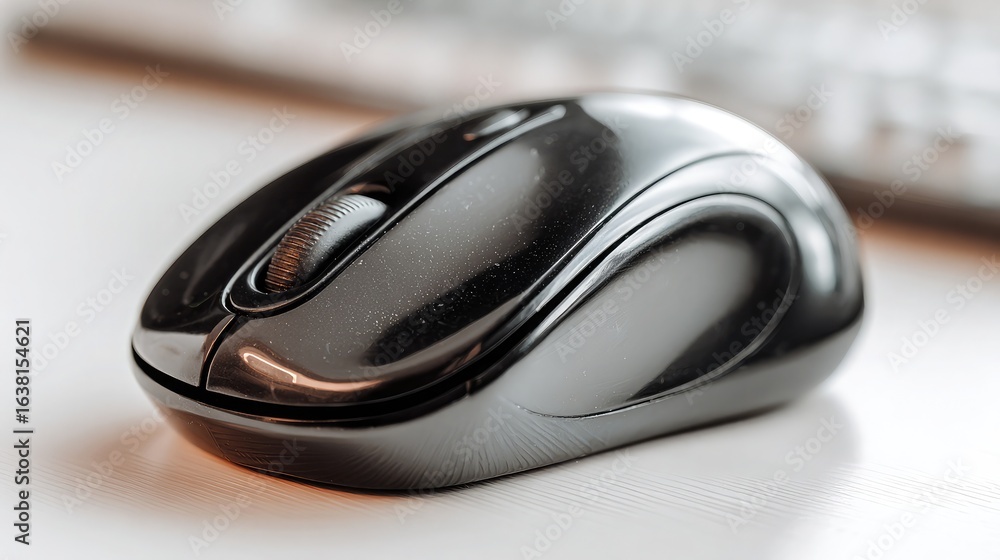 Poster wireless black computer mouse placed neatly on a white desk surface with soft shadows